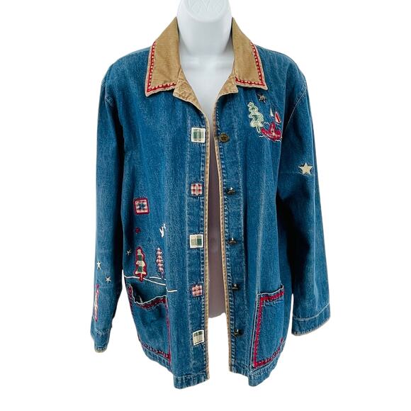 Teddi Vintage Blue Denim Embroidered Lakefront Up North Rustic Button Jacket M - Picture 2 of 11